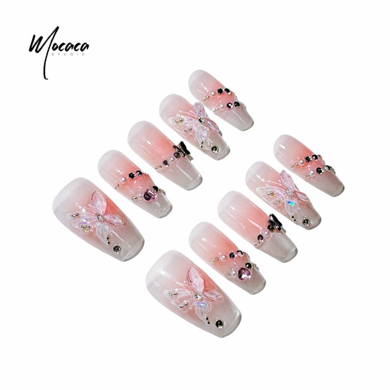 「MOCACA」Elegant Pink Cat Eye Press-On Nails - 3D Butterfly & Diamond Design | Medium Coffin False Nails