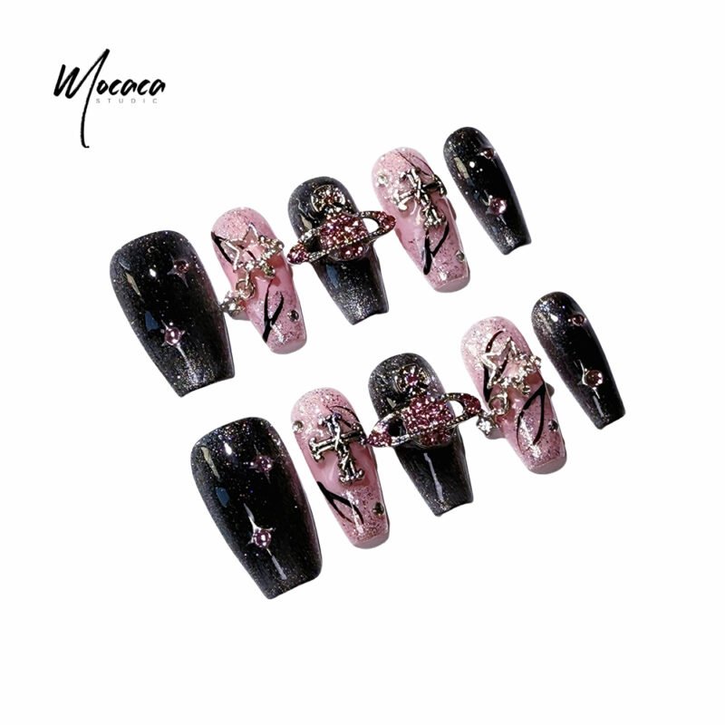 「MOCACA」Bad Girl Press-On Nails - Black & Pink Chain Glam | Edgy Medium Coffin Fake Nails with Bling & Glitter