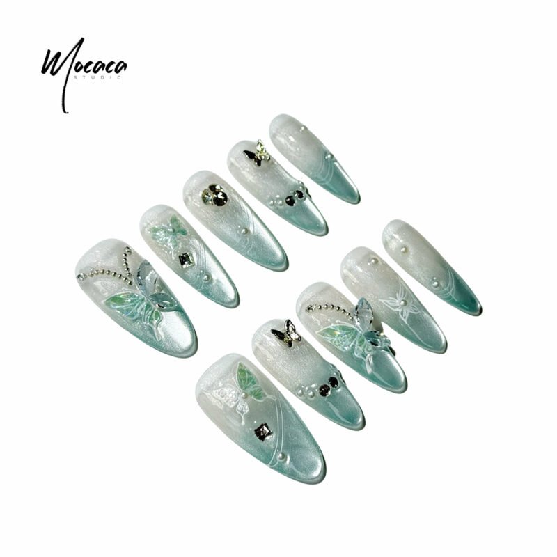 「MOCACA」Elegant Press-On Nails - Teal Butterfly & Pearl Design | Sophisticated Long Oval False Nails