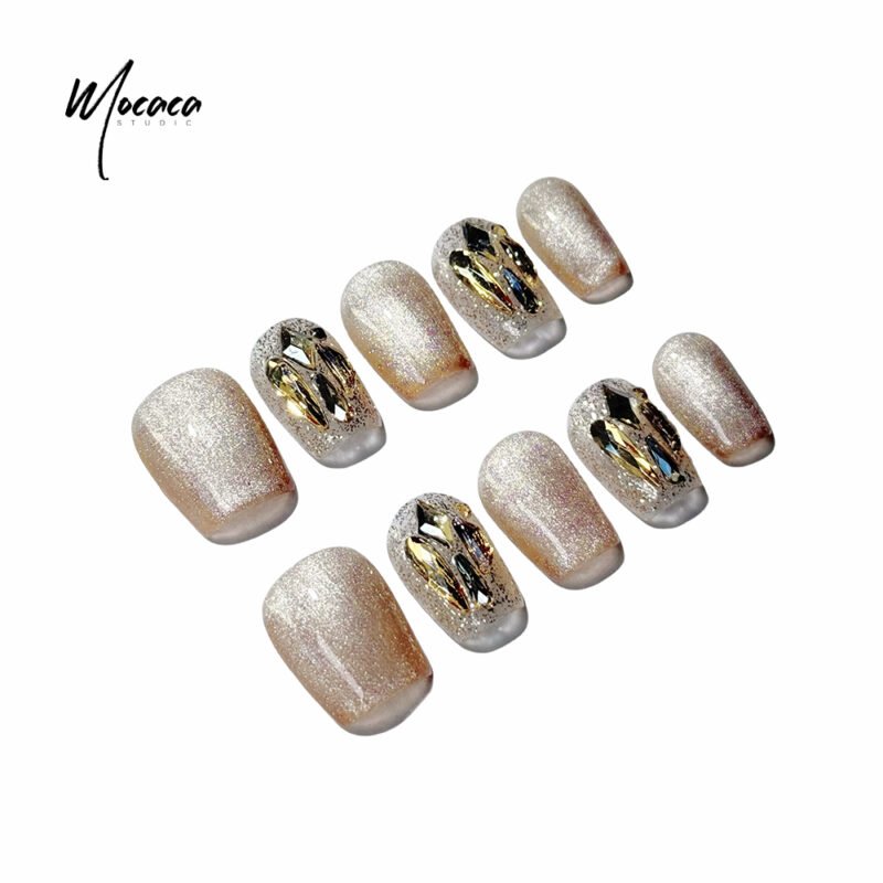 「MOCACA」Luxury Gold Press-On Nails - Sparkling Short Square False Nails with Diamond Accents