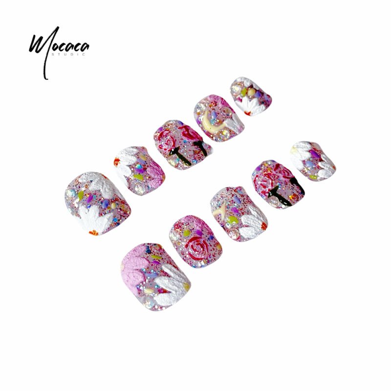「MOCACA」Spring Floral Press-On Nails - 3D Blossom & Glitter Art | Whimsical Short Oval False Nails