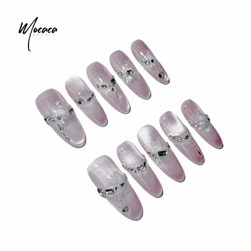 「MOCACA」Ethereal Lavender Cat Eye Press-On Nails - Romantic Rose & Diamond Design | Elegant Long Oval False Nails