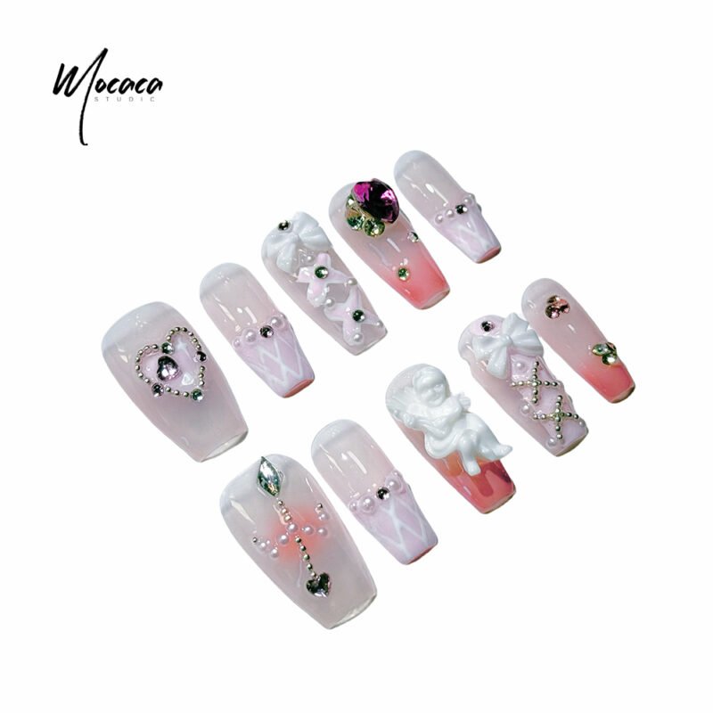 「MOCACA」Sweet & Spicy Press-On Nails - Pink Diamond Hearts & 3D Angels | Lolita Style Medium Coffin False Nails