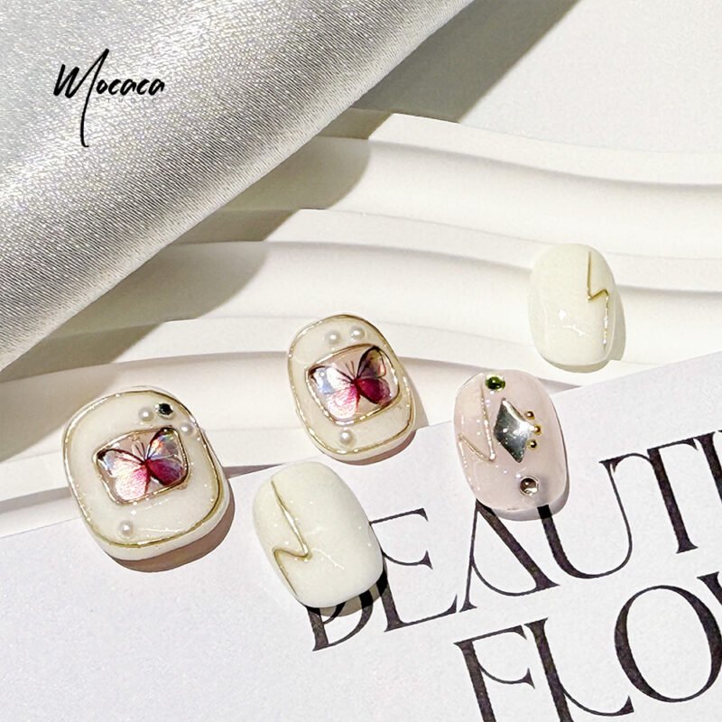 ã€ŒMOCACAã€Ethereal White Press-On Nails - Delicate Butterfly Design | Short & Dreamy False Nails - Image 2
