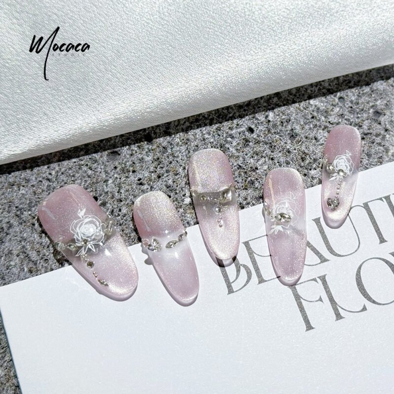ã€ŒMOCACAã€Ethereal Lavender Cat Eye Press-On Nails - Romantic Rose & Diamond Design | Elegant Long Oval False Nails - Image 2