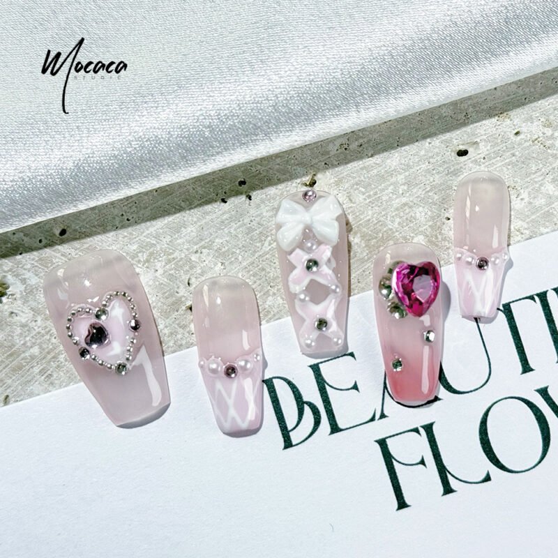 ã€ŒMOCACAã€Sweet & Spicy Press-On Nails - Pink Diamond Hearts & 3D Angels | Lolita Style Medium Coffin False Nails - Image 2