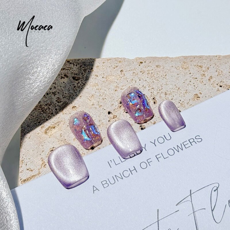 ã€ŒMOCACAã€Purple Cat Eye Press-On Nails â€“ Sparkling Crystal Short False Nails - Image 2