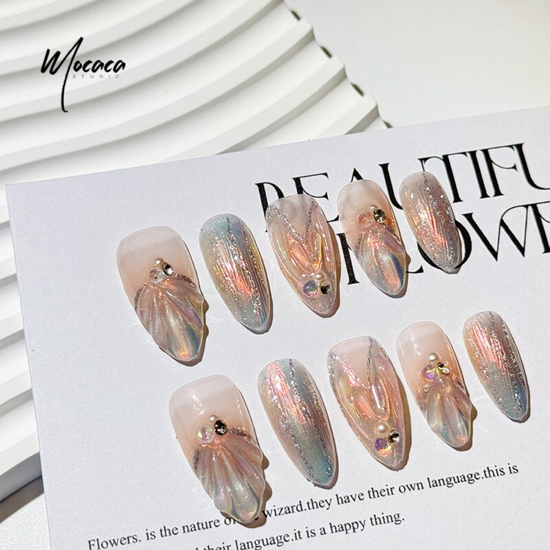 ã€ŒMOCACAã€Mermaid Princess Press-On Nails â€“ Iridescent Pink & Crystal Almond Shape | Medium Length False Nails - Image 2