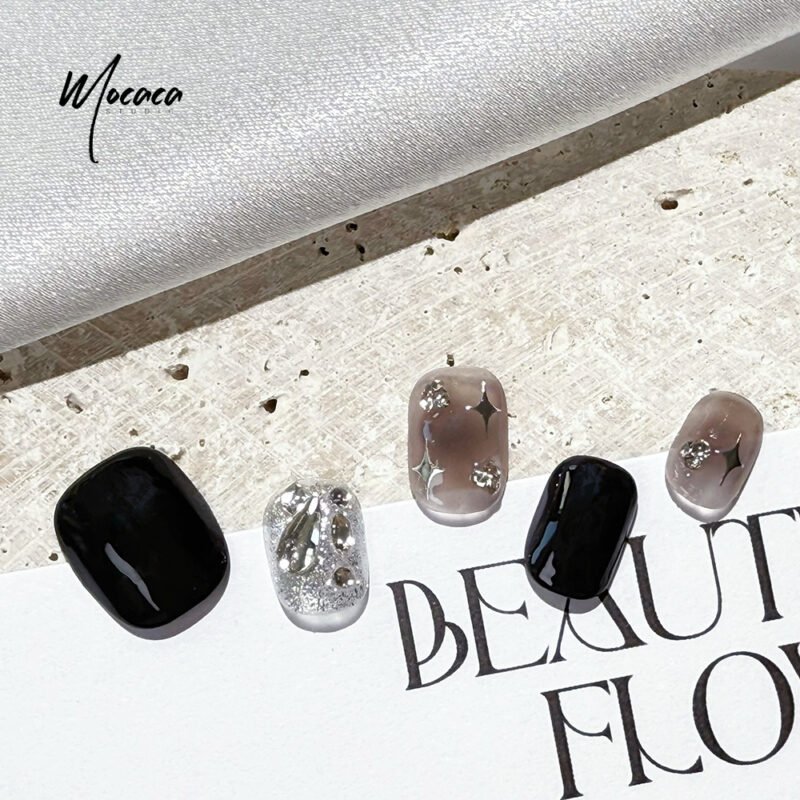 ã€ŒMOCACAã€Bad Babe Press-On Nails - Black & Silver Starlet Set | Edgy Short Oval Glam Nails - Image 2