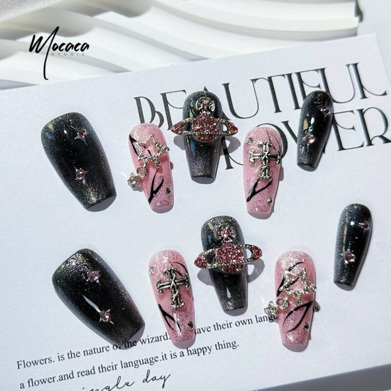 ã€ŒMOCACAã€Bad Girl Press-On Nails - Black & Pink Chain Glam | Edgy Medium Coffin Fake Nails with Bling & Glitter - Image 2
