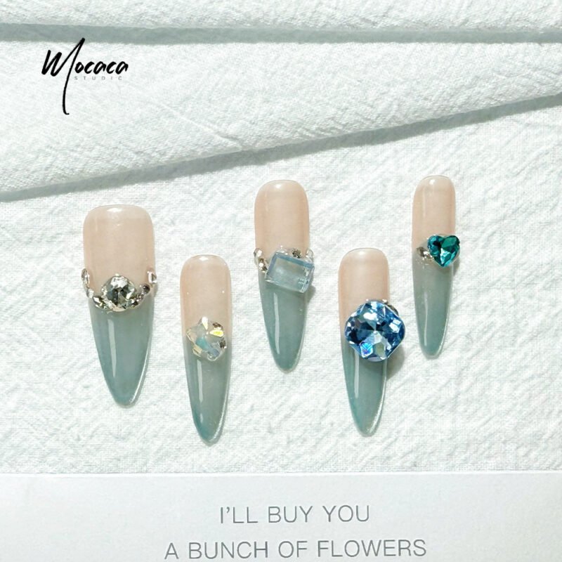 ã€ŒMOCACAã€Luxury Press-On Nails - Teal Elegance with Statement Diamonds | Sophisticated Stiletto False Nails - Image 2