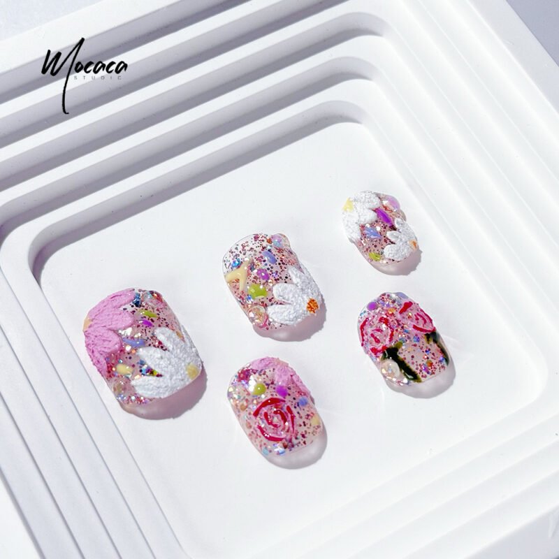 ã€ŒMOCACAã€Spring Floral Press-On Nails - 3D Blossom & Glitter Art | Whimsical Short Oval False Nails - Image 2