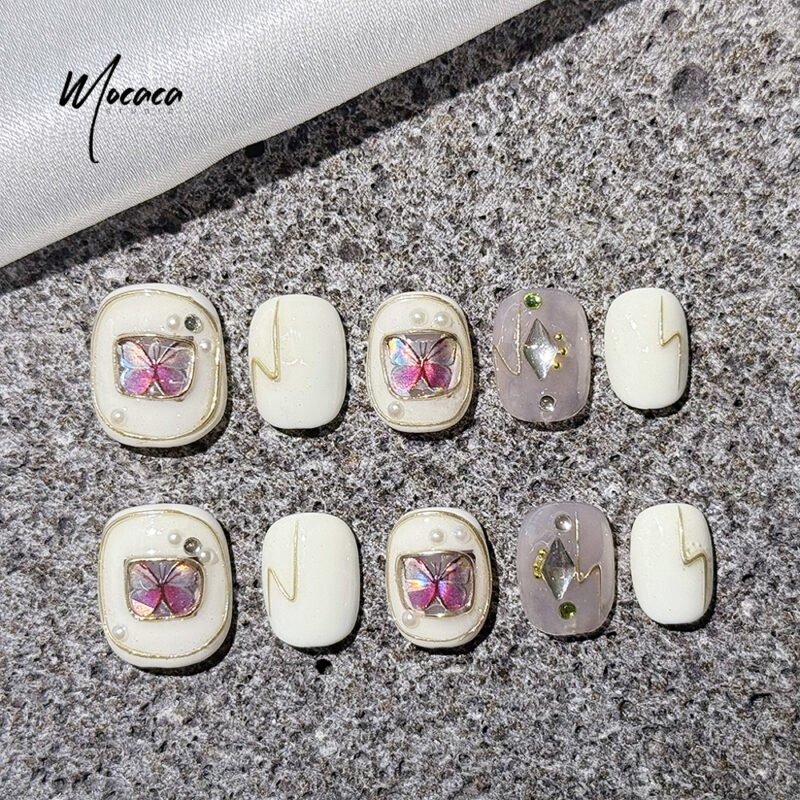 ã€ŒMOCACAã€Ethereal White Press-On Nails - Delicate Butterfly Design | Short & Dreamy False Nails - Image 3