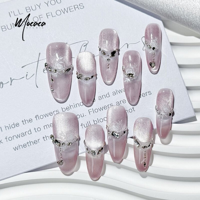 ã€ŒMOCACAã€Ethereal Lavender Cat Eye Press-On Nails - Romantic Rose & Diamond Design | Elegant Long Oval False Nails - Image 3