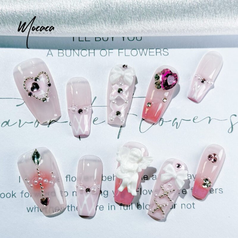 ã€ŒMOCACAã€Sweet & Spicy Press-On Nails - Pink Diamond Hearts & 3D Angels | Lolita Style Medium Coffin False Nails - Image 3