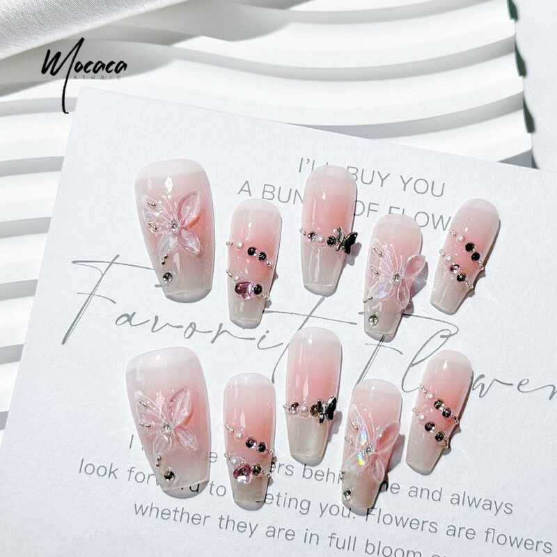 ã€ŒMOCACAã€Elegant Pink Cat Eye Press-On Nails - 3D Butterfly & Diamond Design | Medium Coffin False Nails - Image 3