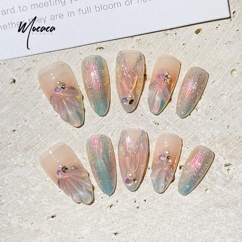 ã€ŒMOCACAã€Mermaid Princess Press-On Nails â€“ Iridescent Pink & Crystal Almond Shape | Medium Length False Nails - Image 3
