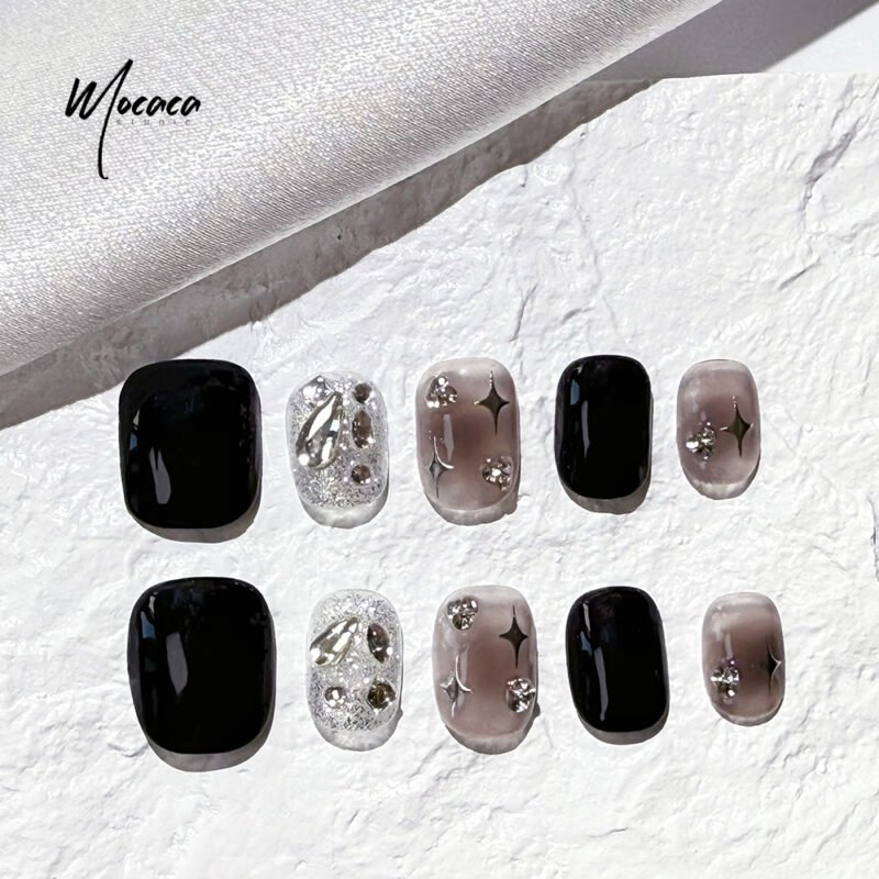 ã€ŒMOCACAã€Bad Babe Press-On Nails - Black & Silver Starlet Set | Edgy Short Oval Glam Nails - Image 3