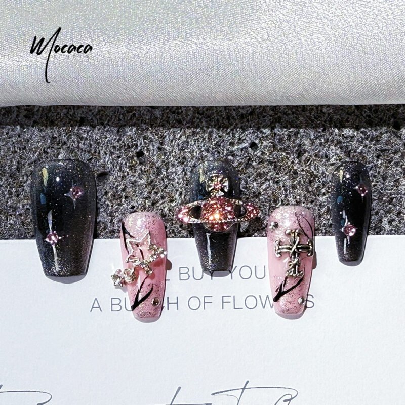 ã€ŒMOCACAã€Bad Girl Press-On Nails - Black & Pink Chain Glam | Edgy Medium Coffin Fake Nails with Bling & Glitter - Image 3
