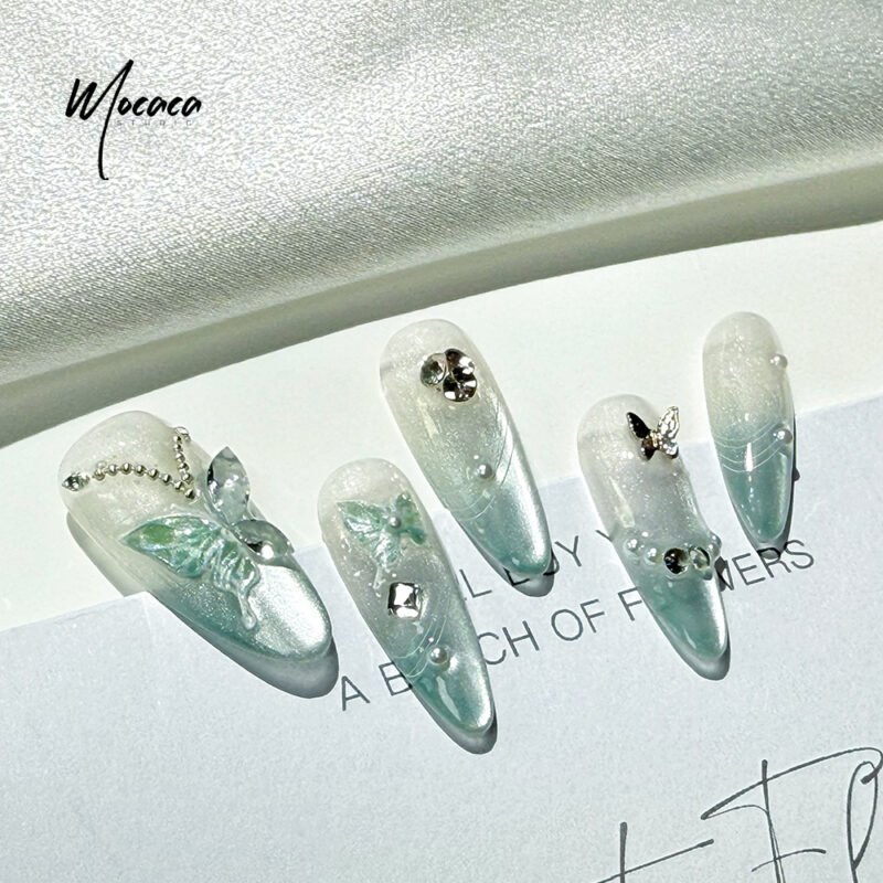 ã€ŒMOCACAã€Elegant Press-On Nails - Teal Butterfly & Pearl Design | Sophisticated Long Oval False Nails - Image 3
