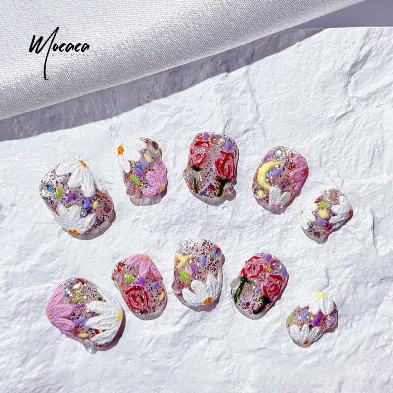ã€ŒMOCACAã€Spring Floral Press-On Nails - 3D Blossom & Glitter Art | Whimsical Short Oval False Nails - Image 3