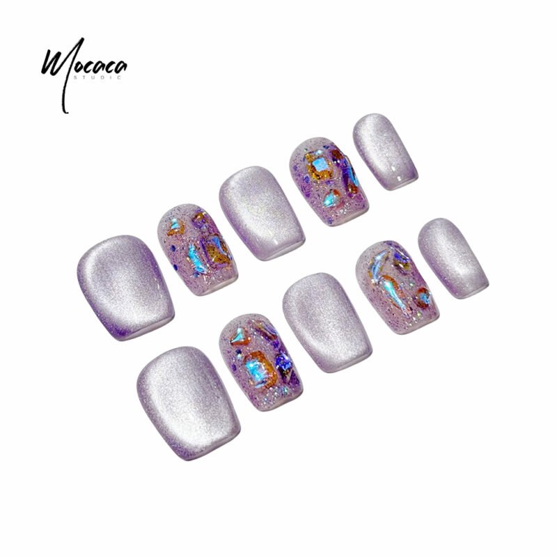 「MOCACA」Purple Cat Eye Press-On Nails – Sparkling Crystal Short False Nails