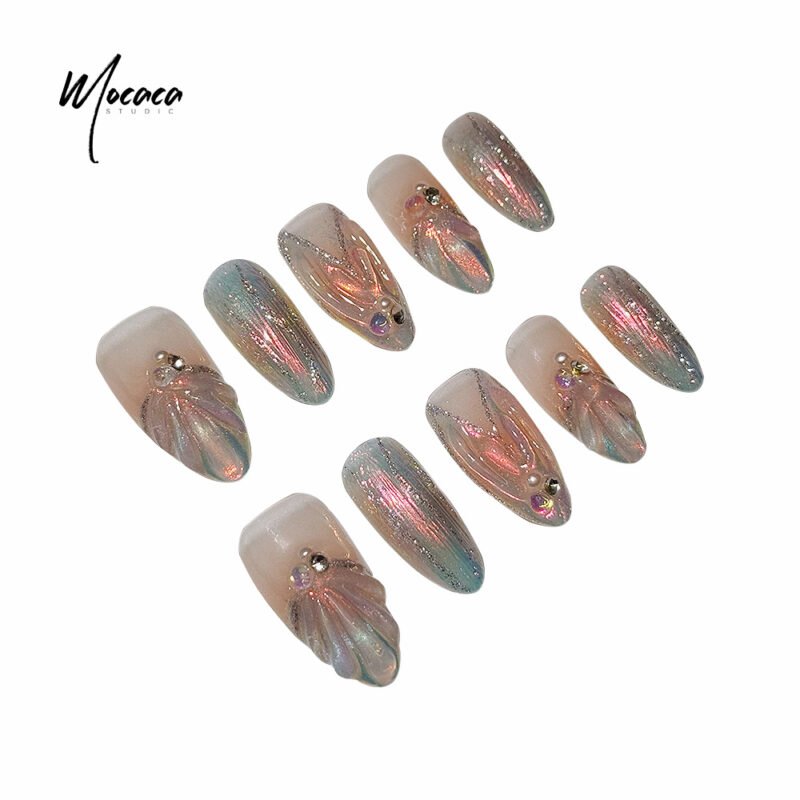 「MOCACA」Mermaid Princess Press-On Nails – Iridescent Pink & Crystal Almond Shape | Medium Length False Nails